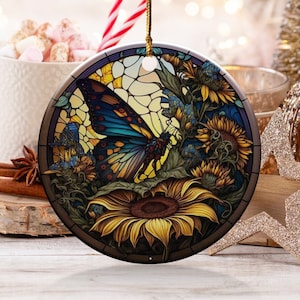 Butterfly Sunflower Ornament, Round Glass Suncatcher, Nature Inspired Home Decor, Vibrant Window Hanging Decoration