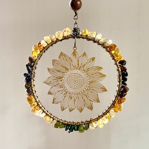 Sunflower Suncatcher Ornament Houseplant Accessory, Citrine Crystal Gemstone All-Occasion Gift, Gardening Housewarming Home Window Decor