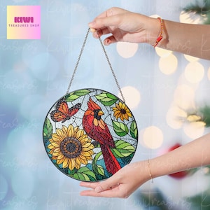 Cardinal & Sunflower Glass Suncatcher: Vibrant Window Decor