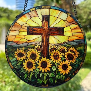 Sunflower and Cross Stained Glass Suncatcher, Floral Window Hanging Suncatcher, Cross Sunflower Suncatcher, Baptism Suncatcher Gift