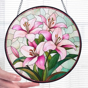 Pink Lily Flower Glass Suncatcher Hanging, Lily Flower Light Catcher Window Hanging, Lily Lover Gift Home Decor, Floral Gift for Mothers Day