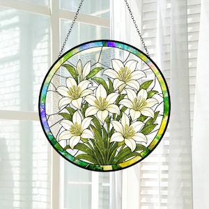 Lily Flowers Suncatcher, Stained Glass Plant Home Decor, Unique Botanical Art Window Hanging, Artistic Lily, Mother's Day Gift, Nana Gift