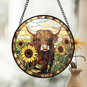 Highland Cow Stained Glass Suncatcher, Sunflower Window Panel, Farmhouse Rustic Style, Country Home Lovers, Housewarming Gift Idea