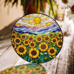 sunflower field mountain suncatcher stained glass window decor gift for nature lovers