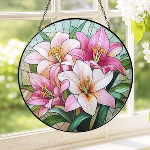 Pink Lily Flower Stained Glass, Pink Lily Glass Suncatcher, Pink Lily Flower Light Catcher Window Hanging Gift for Her, Lily Lover Gift