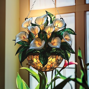 White Calla Lily Suncatcher, Acrylic Window Hanging with Glowing Basket of Lilies and Leaves, Elegant Floral Gift for Mom or Home Deco