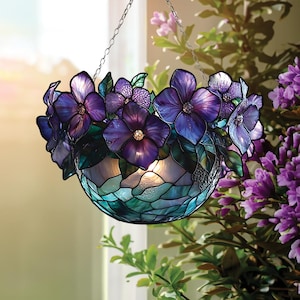 Hanging Purple Flower Basket Suncatcher, Acrylic Window Art with Light Center and Leaves, Nature-Inspired Gift For Mom and Her
