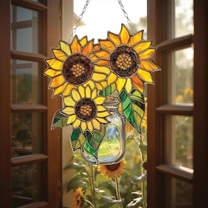 Sunflower Jar Acrylic Suncatcher – Yellow Floral Bouquet in Mason Jar, Cheerful Window Hanging for Kitchen or Summer Farmhouse Decor