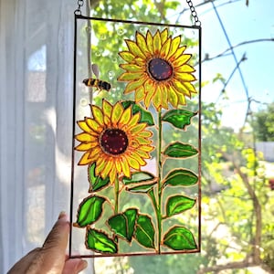 Hand-Painted Sunflower Stained Glass Suncatcher: Floral Window Hanging