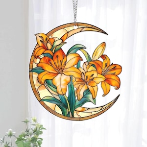 Lily Flower Acrylic Suncatcher, Crescent Moon with Lilies Window Decor, Lily Flower Suncatcher, Floral Decor, Gift for Mom,Easter Home Decor