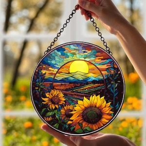 Sunflower Suncatcher Stained Glass Style Floral Window Hanging Ornament for Bright Farmhouse and Garden Inspired Home Decor, Sunflower Decor