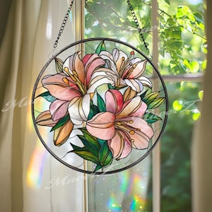 Lily Stained Glass Suncatcher, Round Pink and White Floral Window Panel, Elegant Botanical Glass Art Home Decor Gift for Flower Lovers
