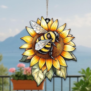 Bee and Sunflower Acrylic Suncatcher, Nature Inspired Window Hanging, Bright Floral Home Decor, for Her or Him, Bee Lover Garden Ornament