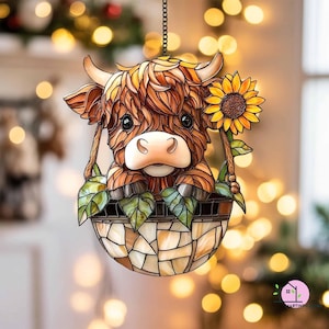 Highland Cow with Sunflower Acrylic Suncatcher, Whimsical Window Decor