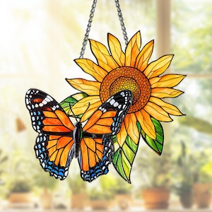 Acrylic Butterfly and Sunflower Suncatcher, Floral Window Hanging