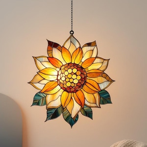 Handcrafted Sunflower Stained Glass Suncatcher – Rustic Farmhouse Window Decor, Glass Panel Ornament, Perfect Gift for Sunflower Lovers