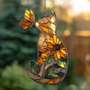 Sunflower Cat FAUX Window Hanging, Window Hanging Decor, Sunflower Cat ACRYLIC Suncatcher, Floral Cat Suncatcher Gift For Cat Lovers