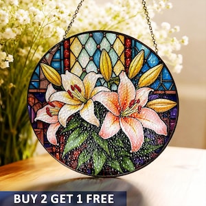 Lily Bouquet Stained Glass Suncatcher, Colorful Cathedral Window Decor